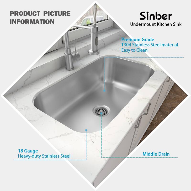 Sinber Undermount Single Bowl 304 Stainless Steel Kitchen Sink
