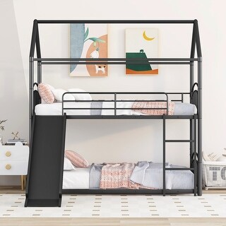 Twin Over Twin Kids Metal House Bunk Bed With Slide
