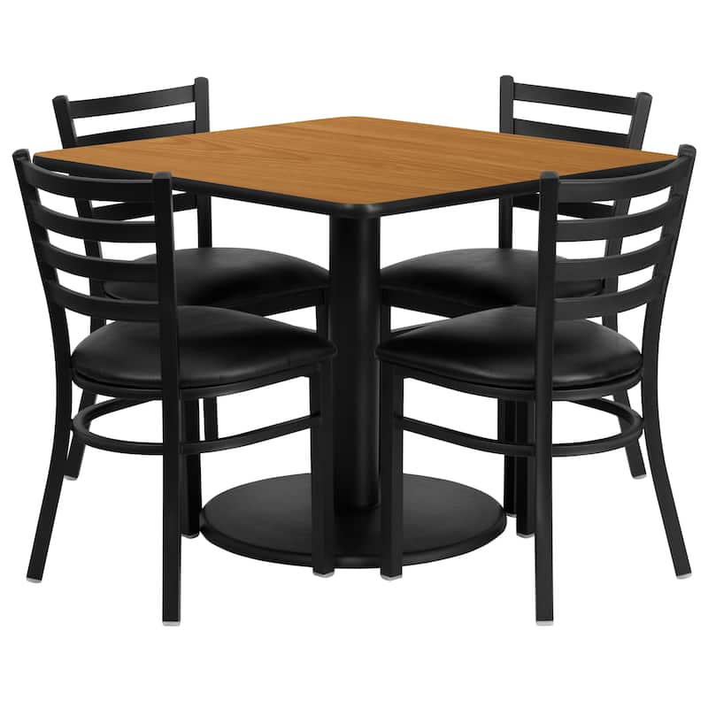 36'' Square Laminate Table Set with Round Base and 4 Ladder Back Metal Chairs - natural top/black vinyl seat