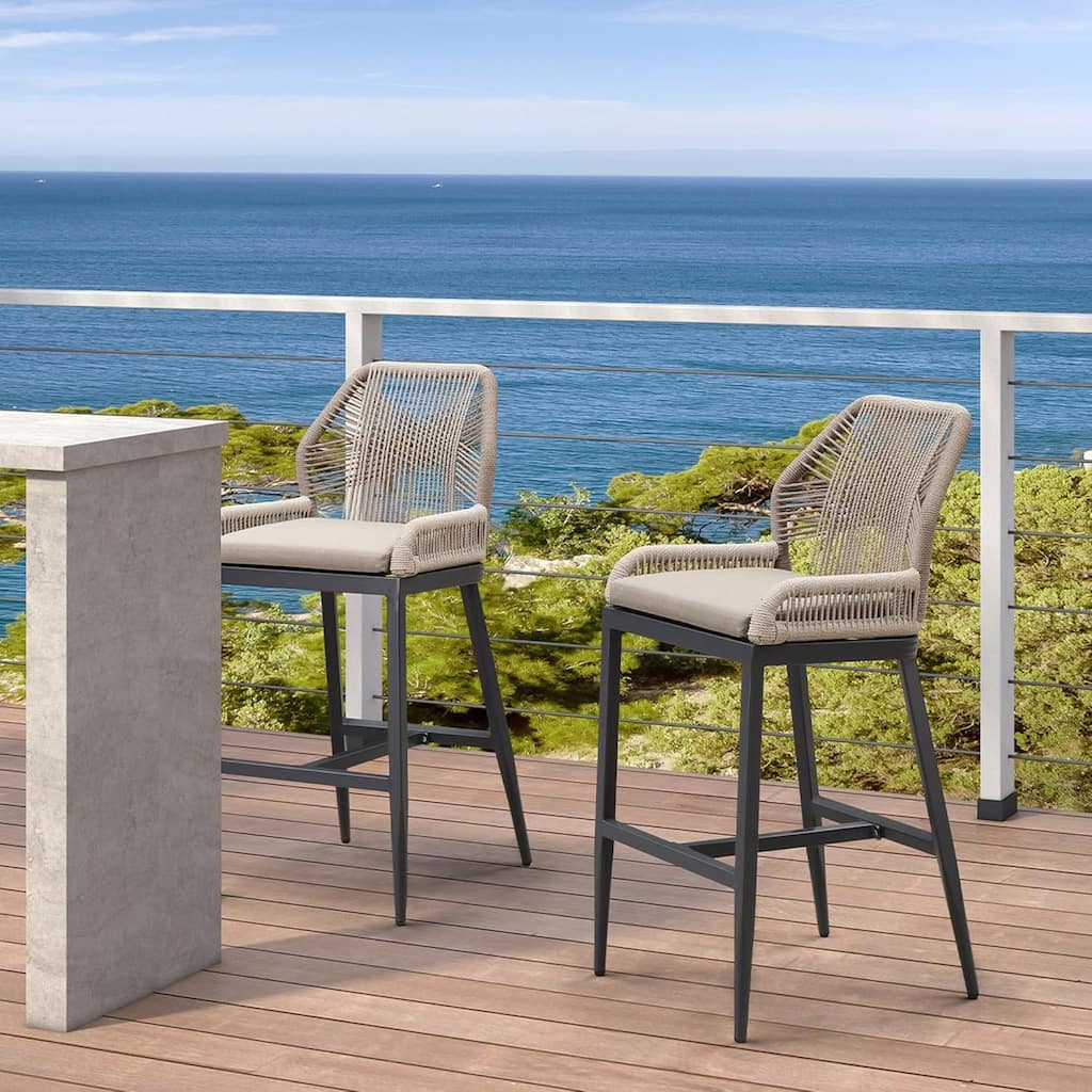 PURPLE LEAF Patio Sunbrella Bar Stools Set of 2 Handwoven Wicker Bar Height Stool Modern Aluminum High Bar Chairs