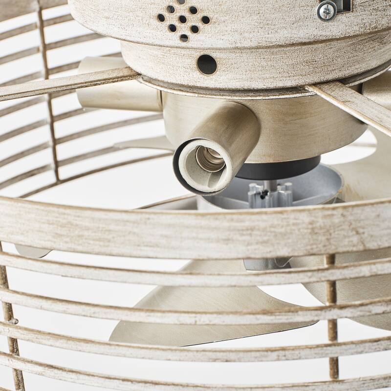 18" Antique White Caged 4-Light Low-Profile Flush Mount Ceiling Fan with Remote