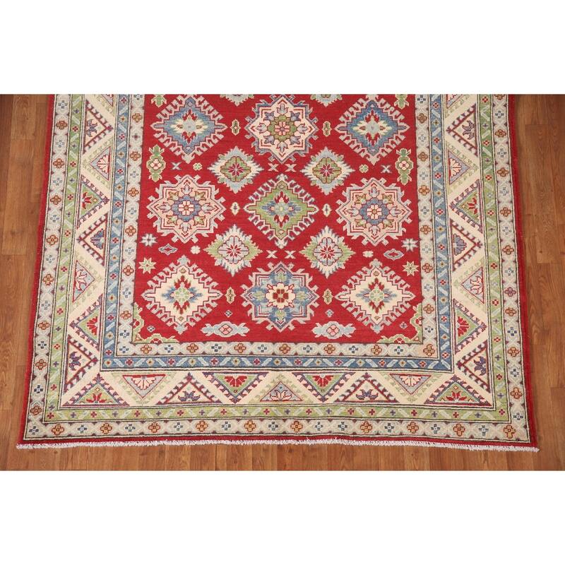 Geometric Red Kazak Oriental Area Rug Handmade Wool Carpet - 5'8" x 7'10"