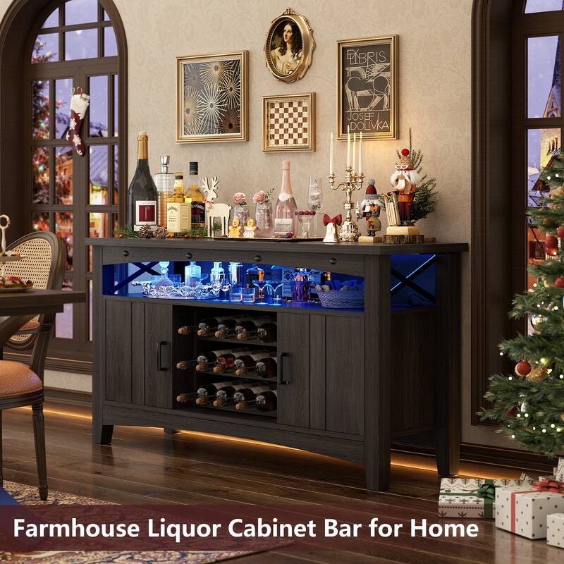Farmhouse 47" Wine Bar Cabinet with Power Outlets & LED Lights, Industrial Coffee Bar Liquor Cabinet with Shelves & Wine Rack - Grey Walnut