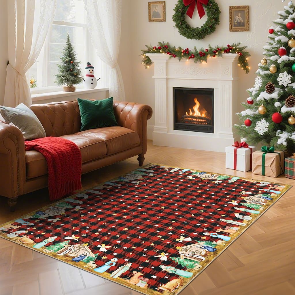 Garvee Washable Christmas Themed Plaid Area Rugs