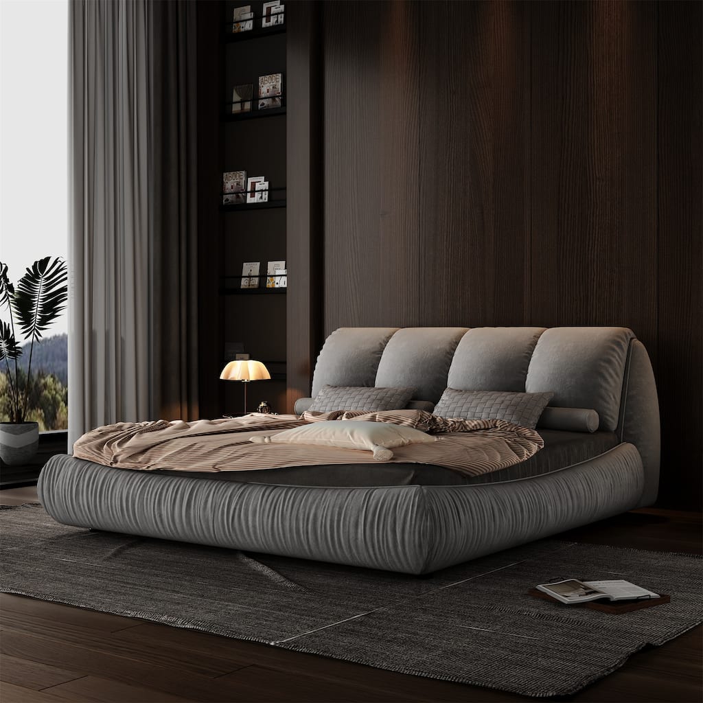Grey King Size Luxury Upholstered Platform Bed with Oversized Padded Backrest and Solid Wood Frame