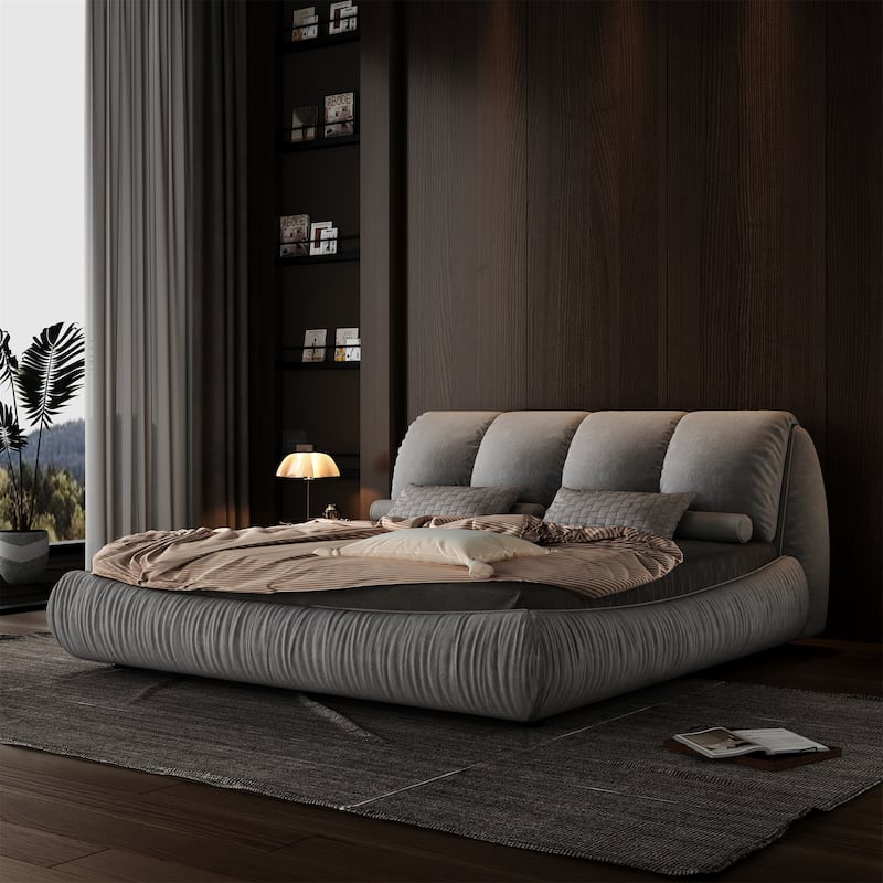Queen Size Upholstered Platform Bed with Cushioned Headboard - Sturdy Solid Wood Frame.
