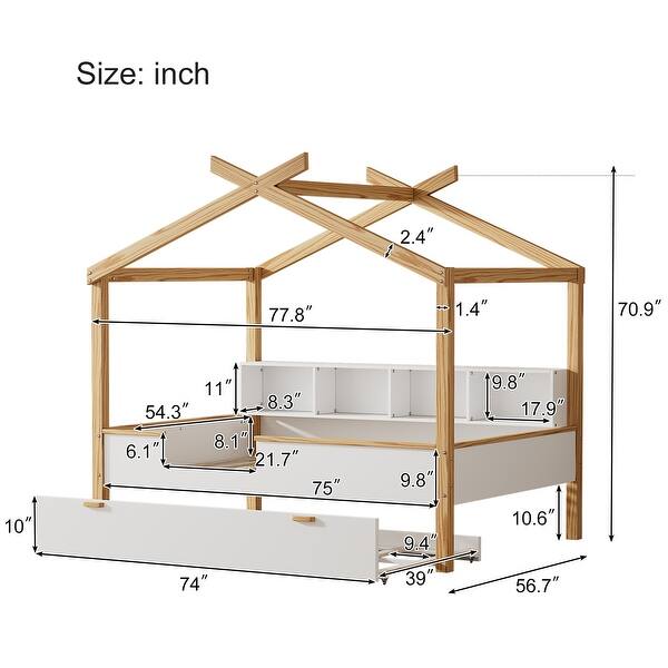 dimension image slide 2 of 5, Wooden House Bed with Storage Bookshelf, Original Wood Colored Frame for Children or Guest Room, Easy Assembly