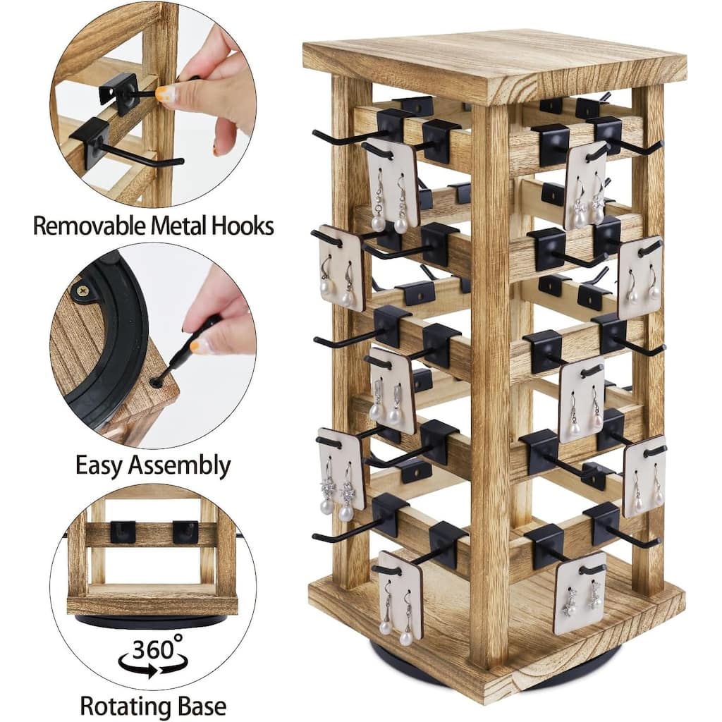 Wood Rotating Jewelry Display Tower with 42 Removable Hooks - S