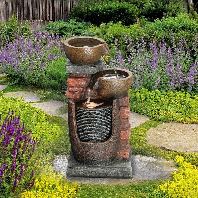 23" H Bowls and Bricks Resin Outdoor Fountain with LED Lights
