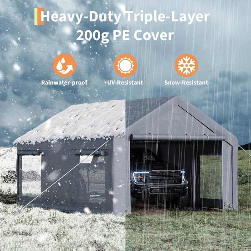 12x20 Ft Carport with Roll-Up Doors and 4 Windows for Bass Boats, Tractors, and SUVs - 12X20 Ft