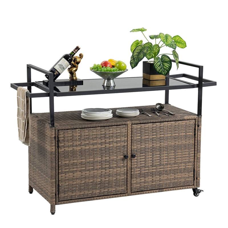 Outdoor Wicker Serving Cart Prep Station with Storage and Organization Space - Brown