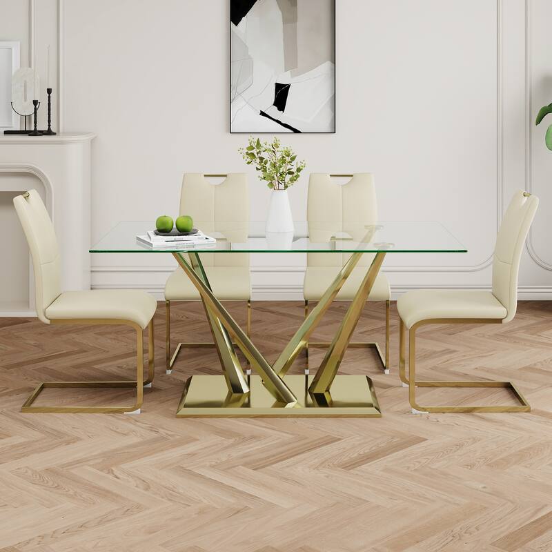 5-Piece Rectangular Dining Table Set for 4 Modern 63" Tempered Glass Kitchen Table with 4 Chairs, Luxury Dining Room Table Set