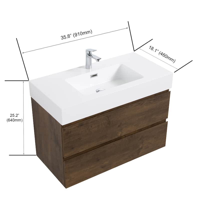 GDFStudio - Naomi Modern Floating Bathroom Vanity with Silent Drawers and Pre-Assembled One-Piece Sink