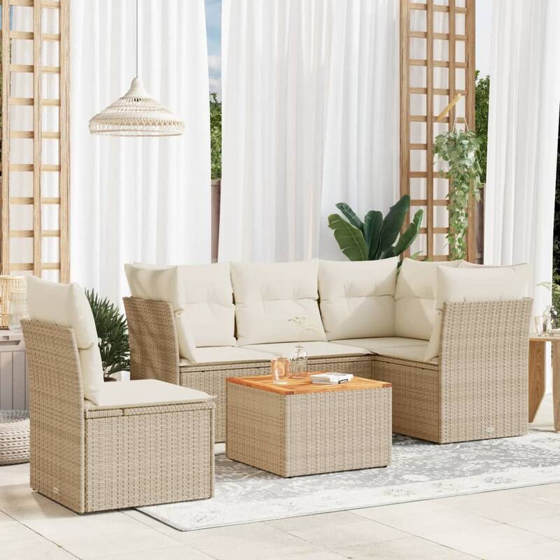 vidaXL Patio Sofa Set with Cushions Outdoor Furniture 6 Piece Poly Rattan - Beige-2x middle+table+3x corner - 21.7 x 21.7 x 14.6