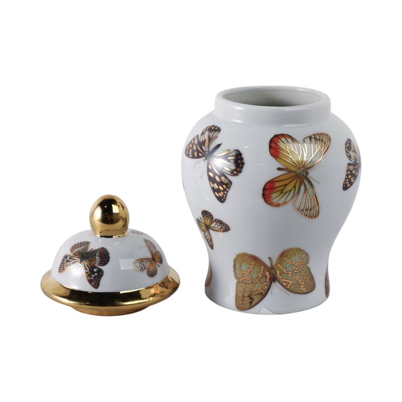 Ceramic Decorative Temple Jar with Lid and Metallic Butterfly Motif