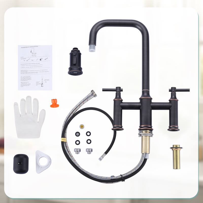 WOWOW Double Handle Bridge Kitchen Faucet with Advanced Spray