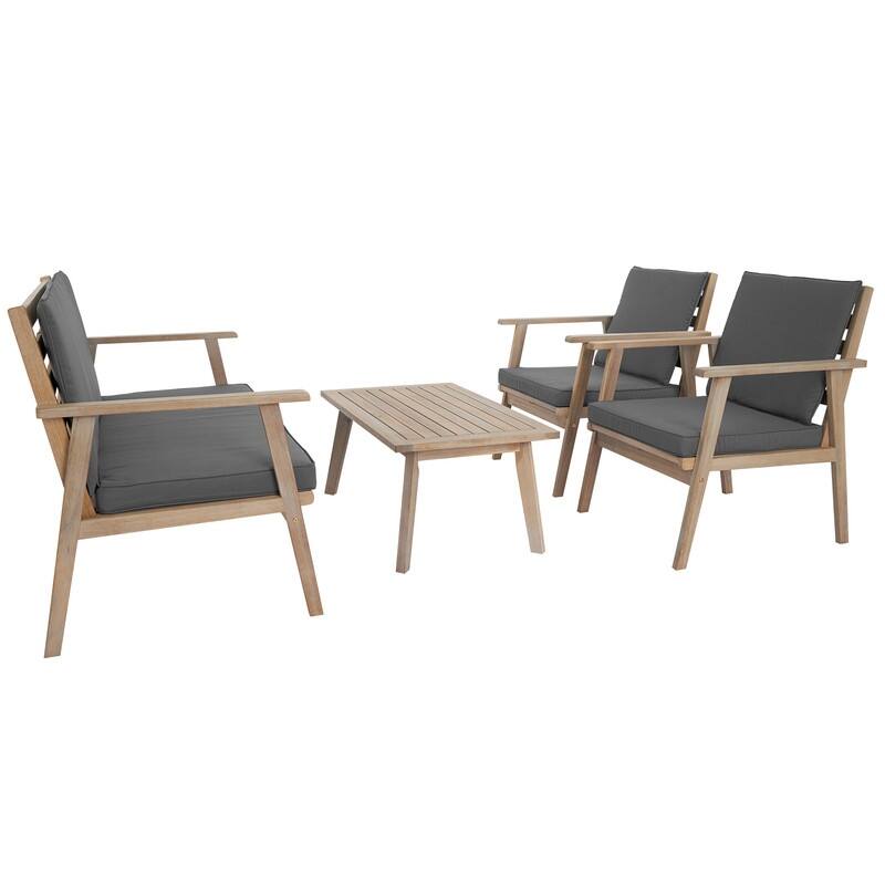 4 Piece Acacia Outdoor Patio Lounge Conversation Set with Soft Cushions and Coffee Table