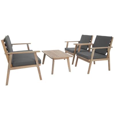 4 Piece Acacia Outdoor Patio Lounge Conversation Set with Soft Cushions and Coffee Table