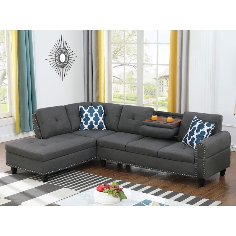 Modern Built-in Cup-holders Console Linen Sectional Sofa with 2 Pillows