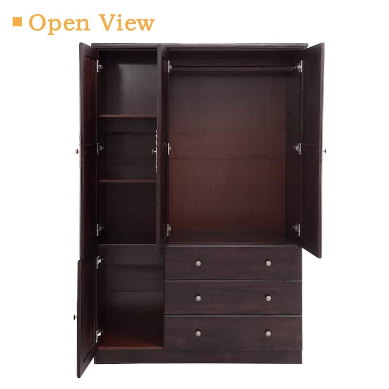 100% Solid Wood Black Walnut Armoire Wardrobe Closet with Drawer and Hanging Rod, Farmhouse Style Wardrobe Closet with 3 Door