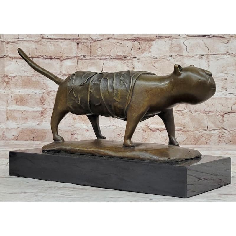 Bronze Metal Imitative Cat Sculpture Statue Figure On Marble Base After Fernando Botero