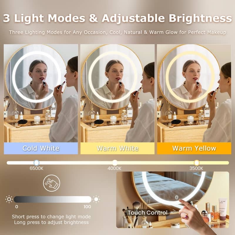 Small Vanity Desk with 3 Modes Lighted Mirror & Stool, Compact Vanity with 6-Grid Organizer