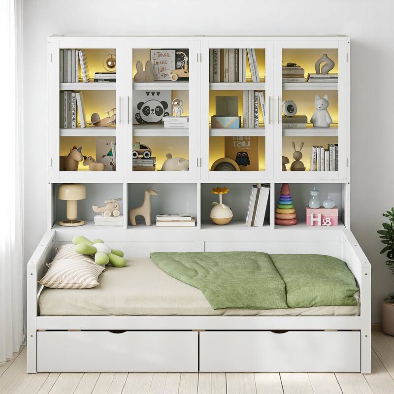 Multifunctional Twin/Full Daybed with Storage Cabinets, LED Lighting, and Shelves - White - Twin
