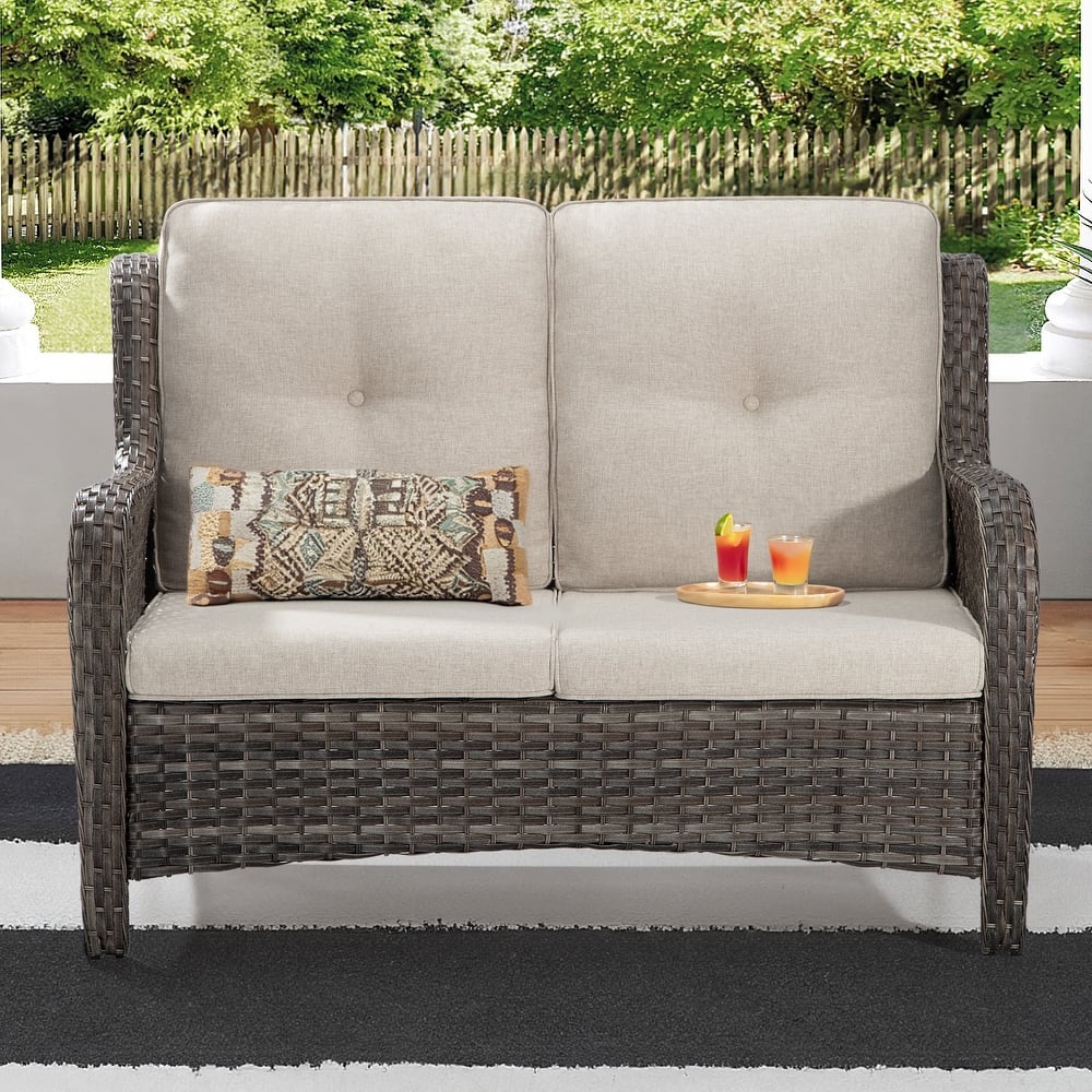 Cozywor Brown Wicker Outdoor Patio Loveseat with Cushions