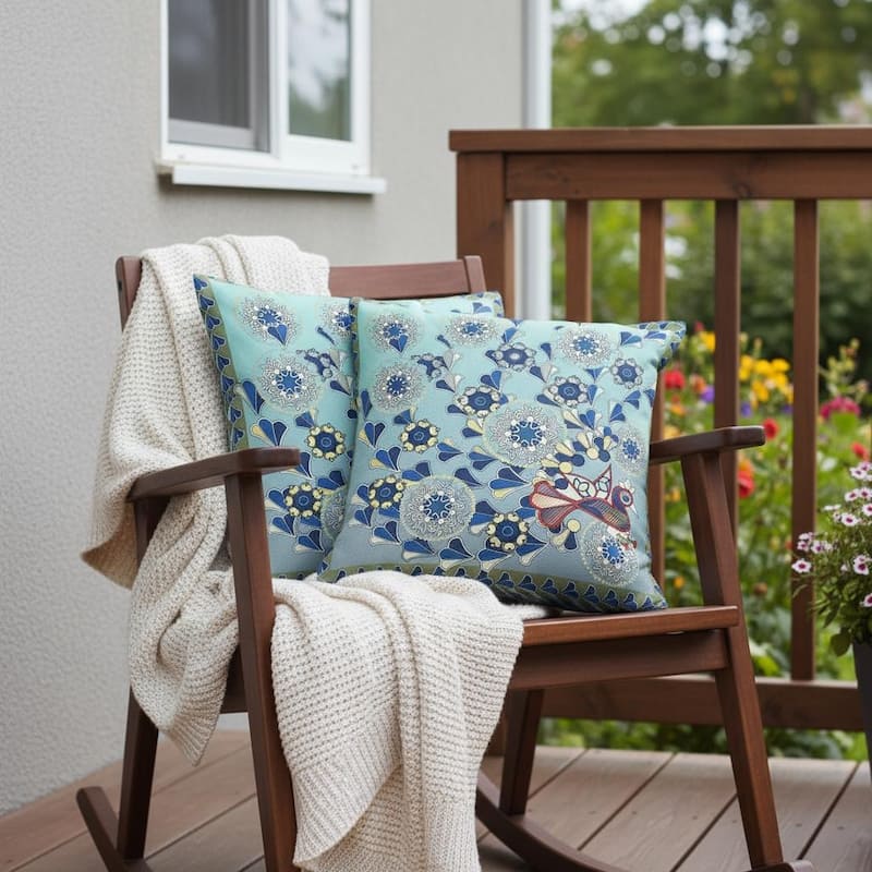 HomeRoots Set of Two 16" X 16" Green and Brown Peacock Blown Seam Floral Indoor Outdoor Throw Pillow - 16.00' X '16.00' X '5.00 - Green/Brown - 16.00' X '16.00' X '5.00