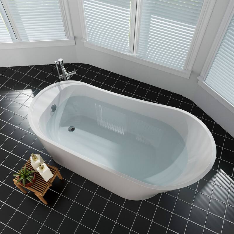 Empava 67 in. x 29.5 in. Freestanding Flat Bottom Bath Tub Soaking Bathtub with Left Drain in White