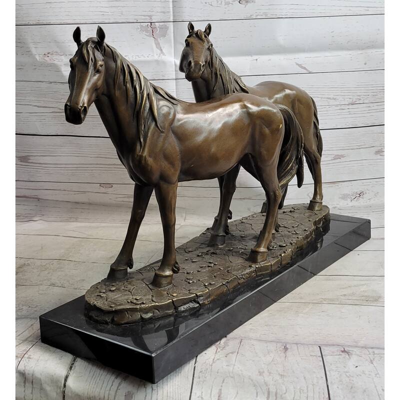 Two Horses Bronze Metal Statue Sculpture After Pj Mene On Marble Base