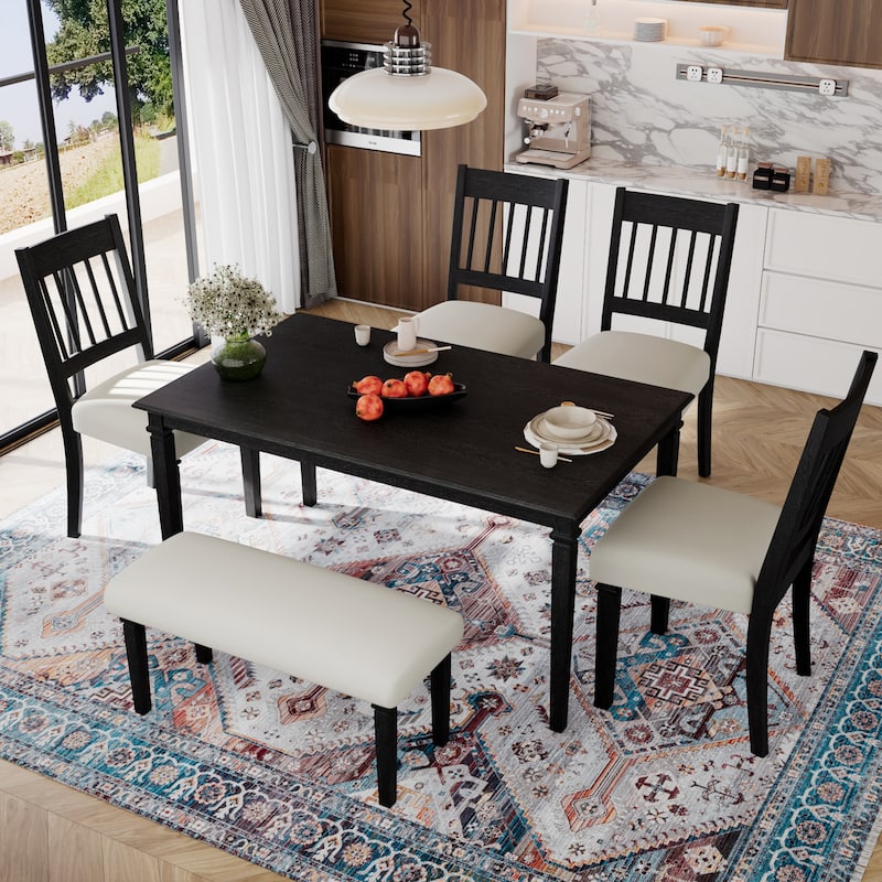6-Piece Retro Dining Room Set, Classic Kitchen Furniture Set, Wooden Rectangular Table and 4 Chairs with Bench