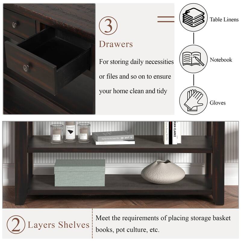 48 Inch Modern Console Table - Solid Pine with 3 Drawers & 2 Shelves, Distressed Black