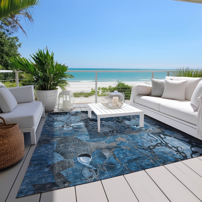 Machine Washable Indoor/ Outdoor Modern Floral Chantille Rug - 2'6" x 3'10" - Blue
