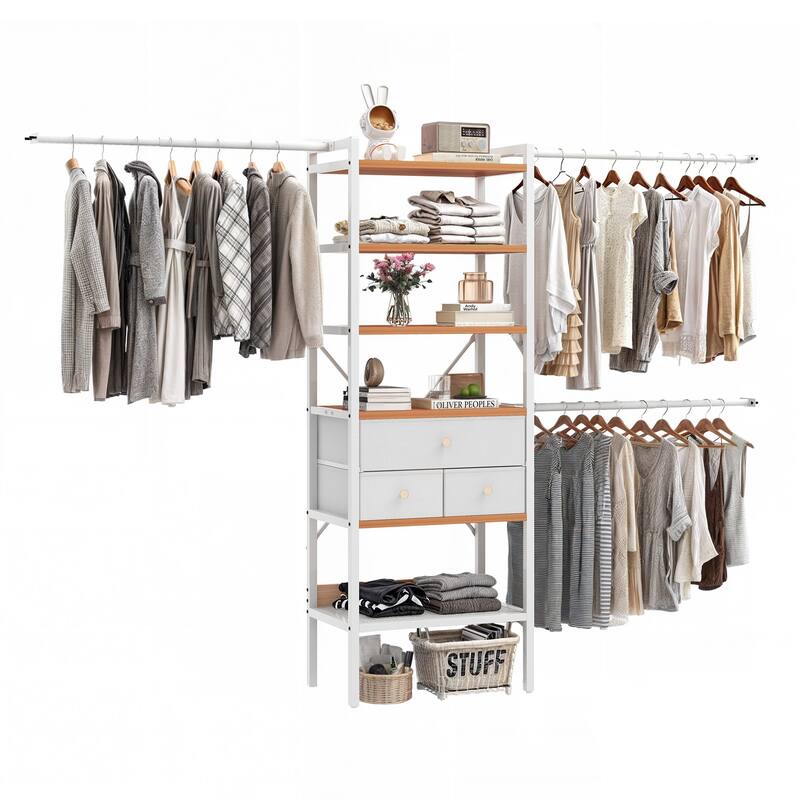 Wall-Mounted Clothing Storage Rack Multi-Functional Closet Organizer System with Adjustable Rods and Shelves