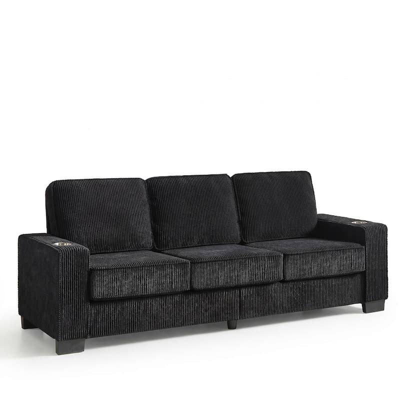 83.8'' Corduroy 3-Seat Sofa with Cup Holders, Modern Upholstered Couch, Compressed Living Room Sofa for Apartment Home Office