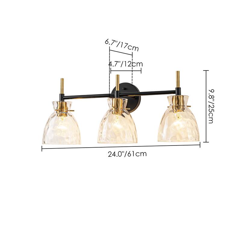 1-Light/3-Light Matte Black and Antique Brass Bathroom Vanity Light with Water-Rippled Glass Shade