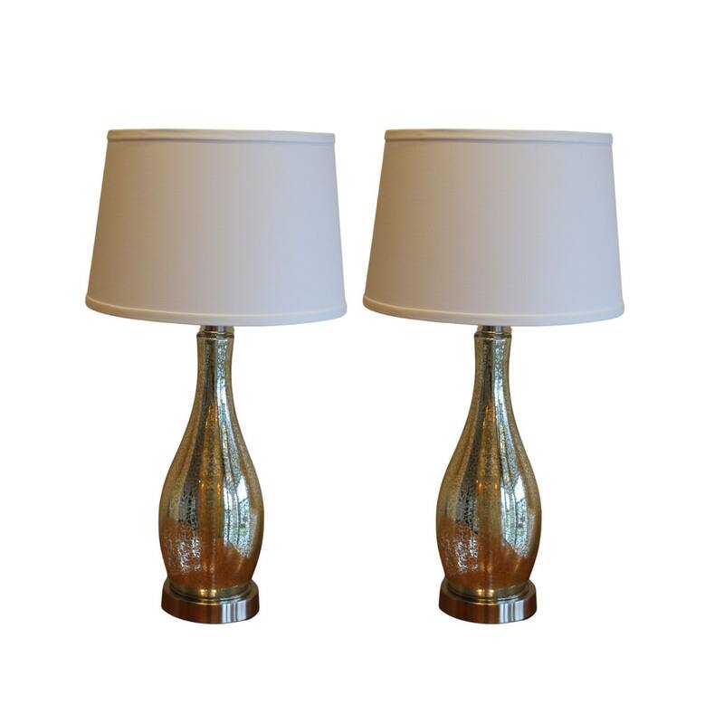 23" Teardrop Lamp Base 2 Pack, Mercury Silver/Gold Glass Table Lamp Set with White Linen Shades