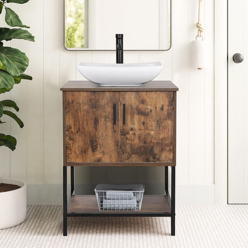 24" Bathroom Vanity Sink Set Brown Free-standing Manufactured Wood with Sink Faucet Drain Combo - white ceramic curved sink