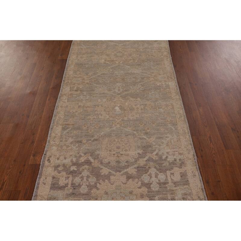 Vegetable Dye Oushak Turkish Runner Rug Handmade Floral Wool Carpet - 2'11" x 9'10"