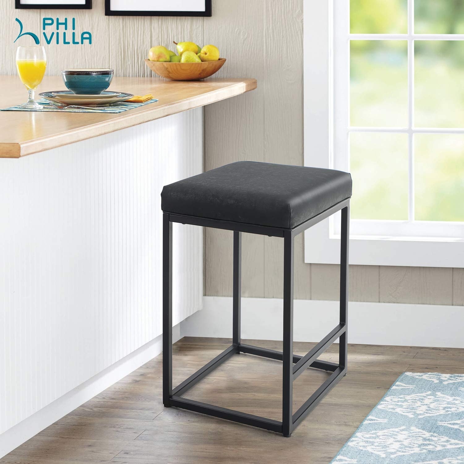 PHI VILLA Bar Stools Counter Height,24 Inches Square Leather Bar Stools Without Back for Kitchen Island,Dining Room and Living Room,Modern Designed Bar Stools Furniture Decorates Every Room,Gray