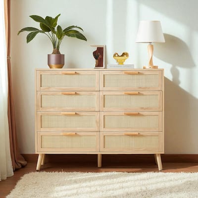 Natural 8 Drawer Dresser with Rattan Fronts, Wooden Double Chest of Drawers, Wide Storage Cabinet for Bedroom and Hallway