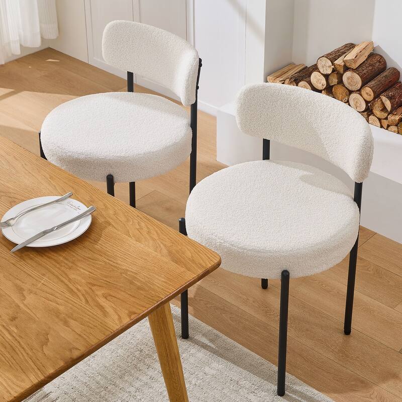 Set of 2 Boucle Dining Chairs with Curved Backrest & Black Metal Legs
