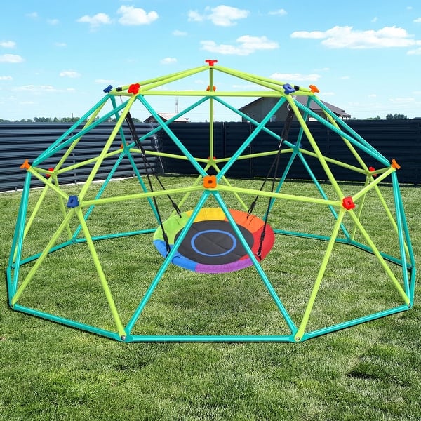 slide 2 of 11, 10 ft Climbing Dome Swing Set with Saucer Swing, Jungle Gym for Kids Outdoor Playset Backyard