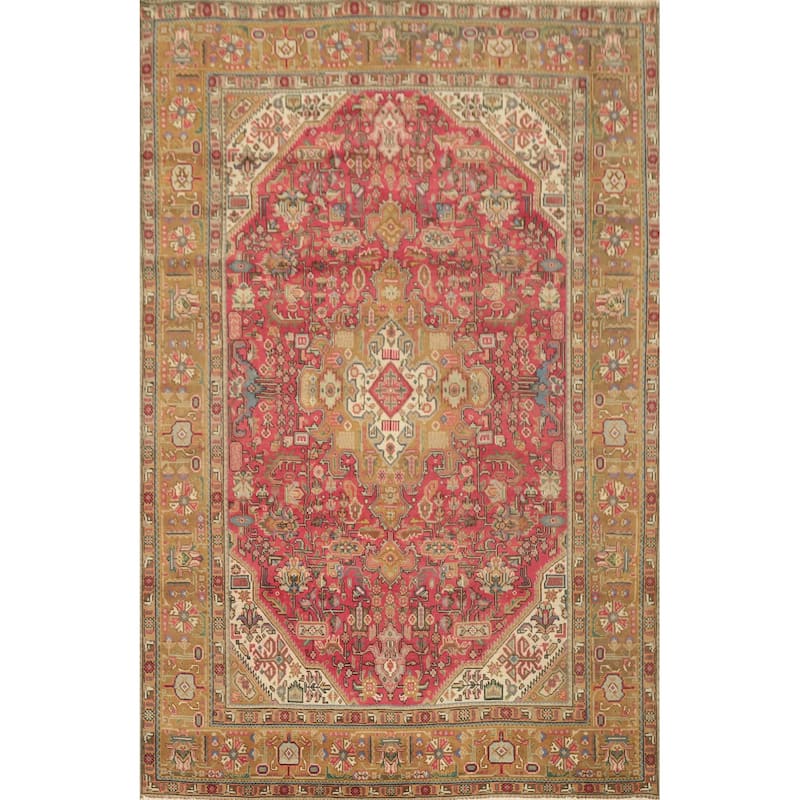 Hand Knotted Oriental 100% Wool Carpet Traditional Floral Pink Tabriz Area Rug - 9' 5'' X 6' 7''