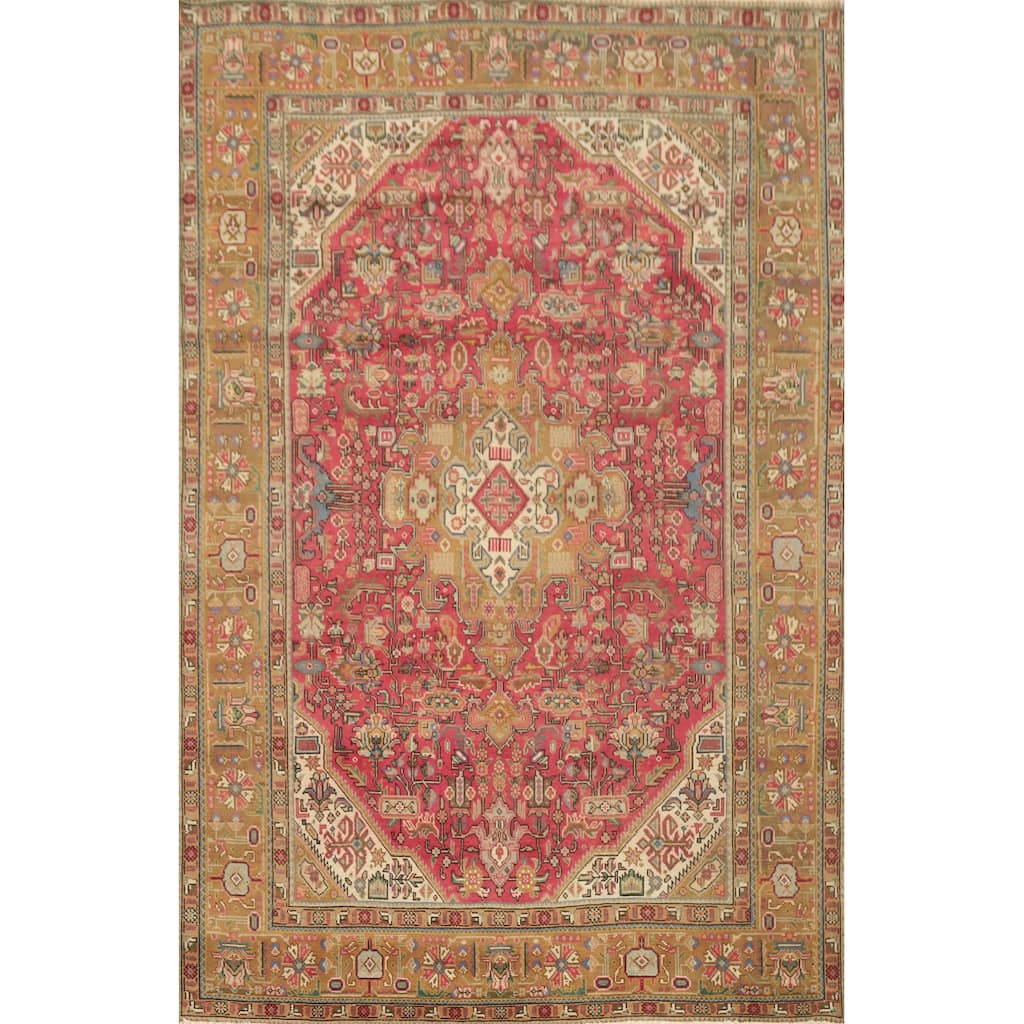Hand Knotted Oriental 100% Wool Carpet Traditional Floral Pink Tabriz Area Rug - 9' 5'' X 6' 7''