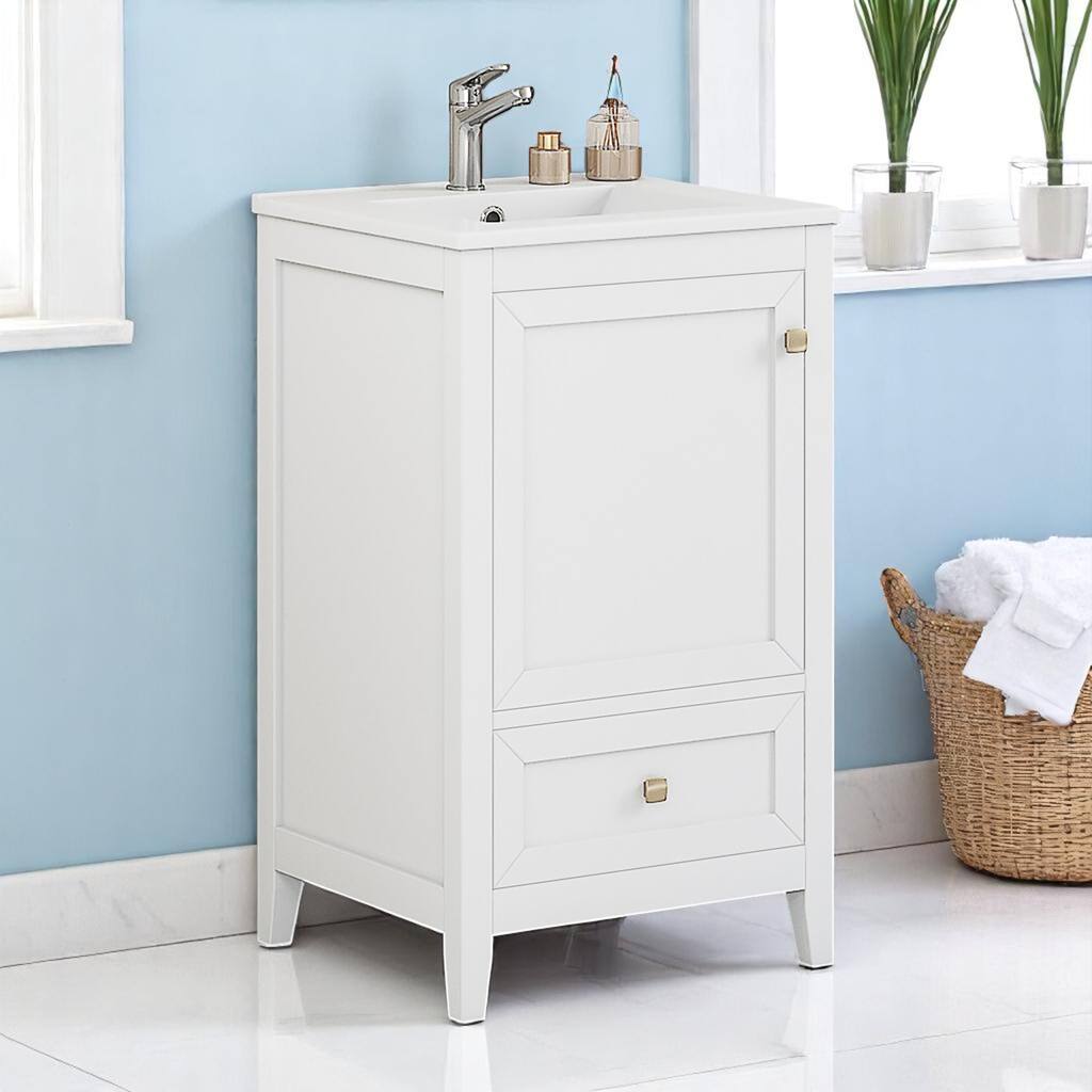 20" Freestanding Bathroom Vanity with Sink, Cabinet, Drawer & Two-Tier Storage Rack, White Finish