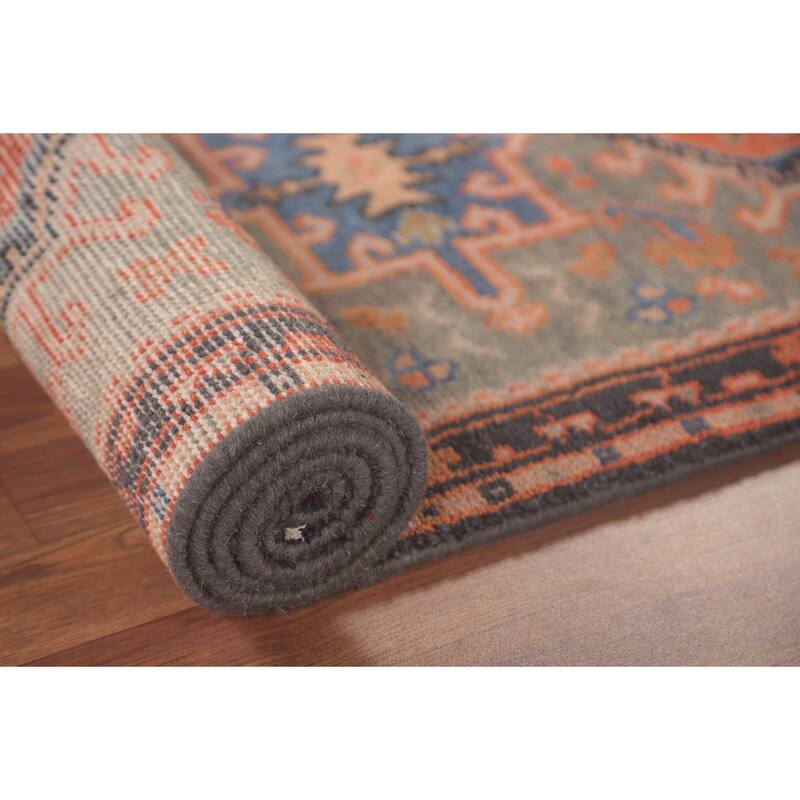 Geometric Kazak Runner Rug Handmade Grey Wool Carpet - 2'6"x 9'10"