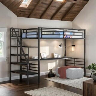 Multifunctional Design Metal Twin Loft Bed Frame with Desk, Sturdy Construction & Safety Guaranteed, No Box Spring Needed, Black