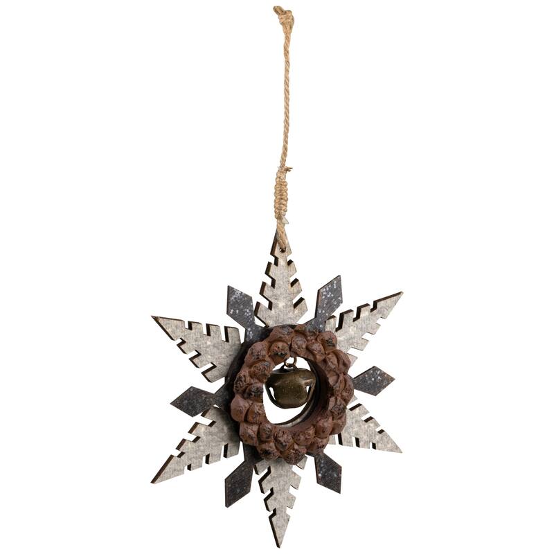 Snowflake with Jingle Bell Wooden Christmas Ornament - 6" - Brown and Beige